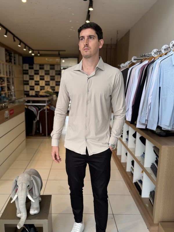 Camisa Elastic M/Longa Bege Claro Masculina - Marfim Moda Masculina