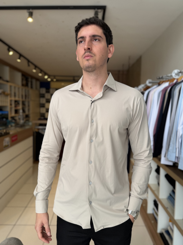 Camisa Elastic M/Longa Bege Claro Masculina - Marfim Moda Masculina