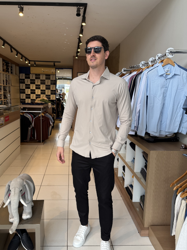 Camisa Elastic M/Longa Bege Claro Masculina - Marfim Moda Masculina