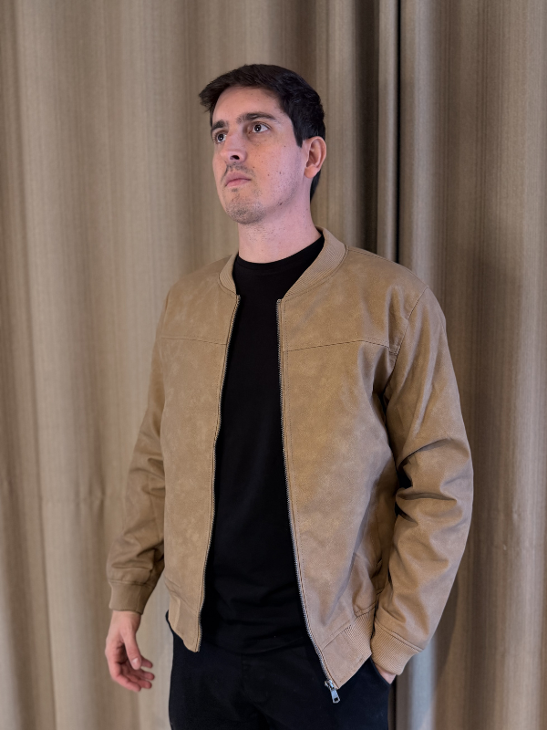 Jaqueta Couro Nobuck Bege Escuro - Marfim Moda Masculina