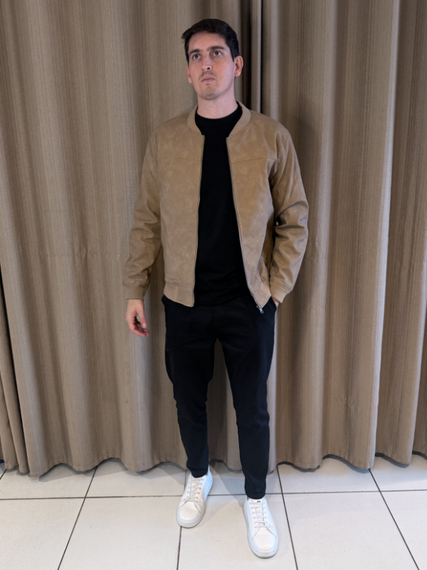 Jaqueta Couro Nobuck Bege Escuro - Marfim Moda Masculina