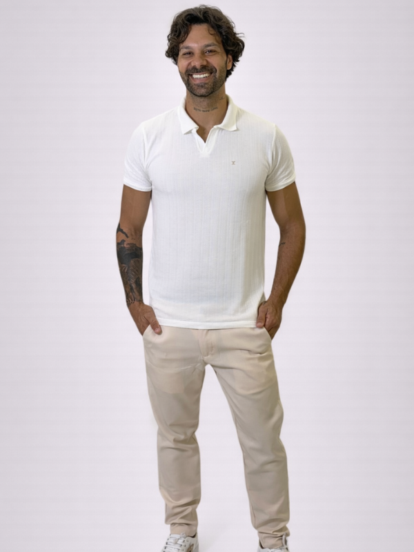 Camisa Polo Drazo Texturizada Branca Masculina - Marfim Moda Masculina
